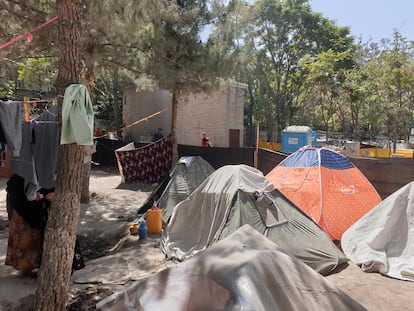 Aspecto del campamento que los desplazados por los últimos combates han instalado en el parque de Shahr-e Now en Kabul