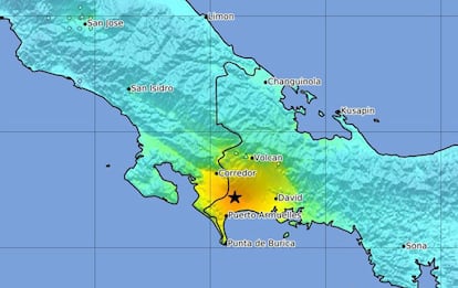 Epicentro del terremoto que ha sacudido esta medianoche la frontera entre Panamá y Costa Rica.