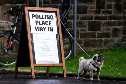 Un perro espera a su dueño atado a un cartel que anuncia un centro electoral, este jueves en Glasgow, Escocia.