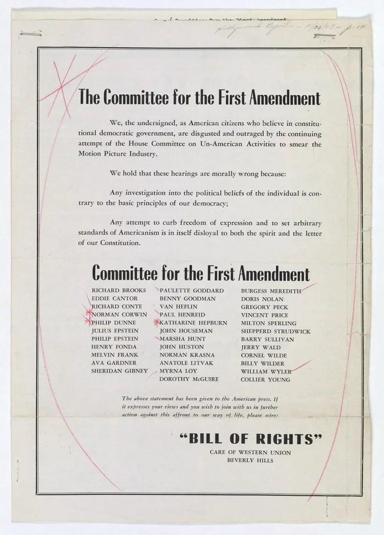 Carta firmada por los miembros del comité orginal de la Primera Enmienda, en la década de los 40, de los que destacan Lauren Bacall, Lucille Ball, Judy Garland, Humphrey Bogart, Gene Kelly, Frank Sinatra y Henry Fonda.
