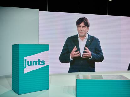 Carles Puigdemont en una intervención virtual en el congreso fundacional de Junts en 2020.