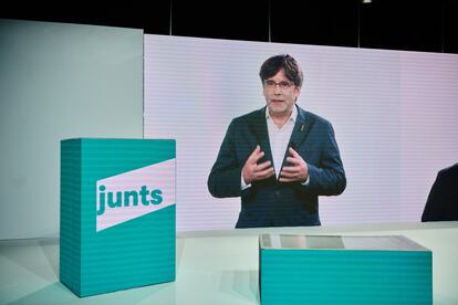 Carles Puigdemont en una intervención virtual en el congreso fundacional de Junts.