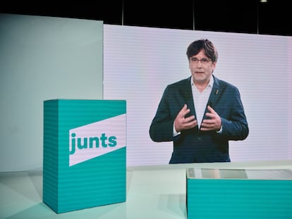 Carles Puigdemont en una intervención virtual en el congreso fundacional de Junts.