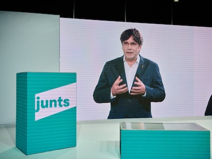 Carles Puigdemont en una intervención virtual en el congreso fundacional de Junts.