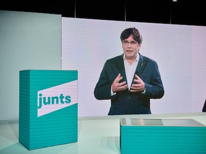 Carles Puigdemont en una intervención virtual en el congreso fundacional de Junts.
