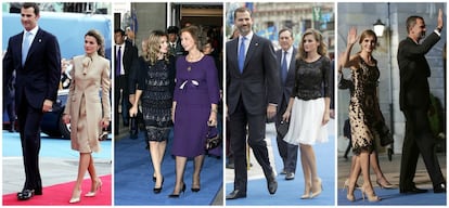 Los hoy renombrados premios Princesa de Asturias son uno de los eventos a los que nunca falta doña Letizia. En la imagen, de izquierda a derecha, en los premios de 2004, 2009, 2012 y 2016.