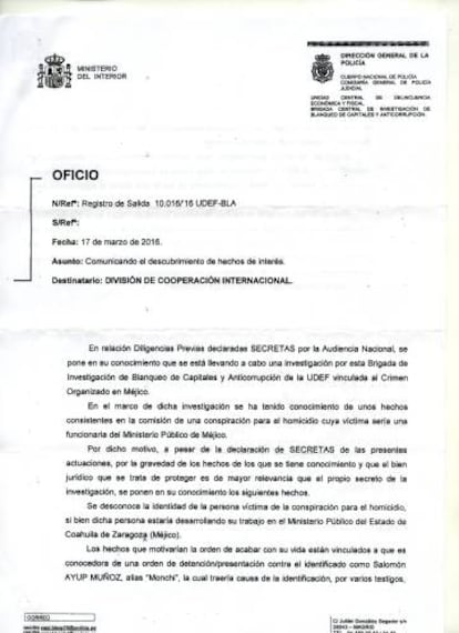 Documento de la Policía Nacional española que advierte de las intenciones de Mono Muñoz de cometer un asesinato