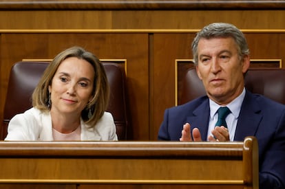 La secretaria general del PP, Cuca Gamarra, junto al líder del partido, Alberto Núñez Feijóo, en la sesión de control al Gobierno, este miércoles en el Congreso.
