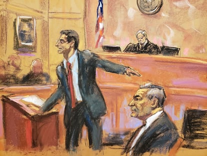 Genaro García Luna, durante el juicio en Nueva York, en una ilustración del pasado 23 de enero.