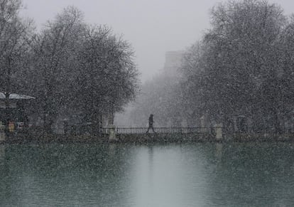 Una persona paseando junto al estanque del parque del Retiro el 5 de febrero de 2018.