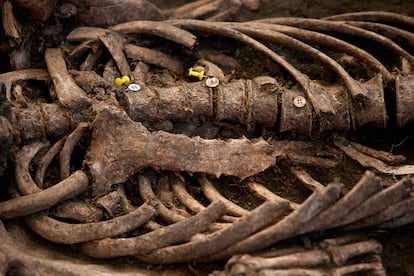 Detalle de varios botones encontrados junto a uno de los diez cuerpos encontrados maniatados en la fosa CE017 del Barranco de Víznar (Granada), el 24 de abril.