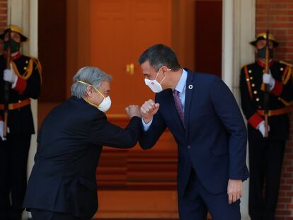 El secretario general de Naciones Unidas, Antonio Guterres, y el presidente del Gobierno, Pedro Sánchez, este viernes en La Moncloa.