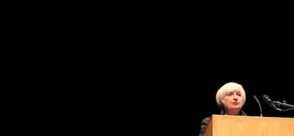 La presidente de la Fed, Janet Yellen, durante su discurso ayer.