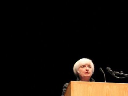 La presidente de la Fed, Janet Yellen, durante su discurso ayer. 