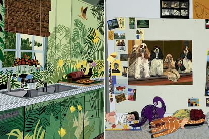 Dos de sus trabajos característicos: los espacios cotidianos, como la cocina que se ve en ‘Jungle Kitchen’, 2017, y un retrato de un interior con sus hija, Al lado, su hija, ‘Momo with Stuffed Animals’, 2011.