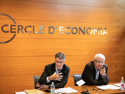 El presidente Jaume Guardiola y el director general Miquel Nadal durante la rueda de prensa este lunes.