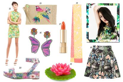 12. Bershka Vestido neopreno palmeras y flamencos. 13. Accesorize Clutch de cuentas con loro bordado con flores de pedrería. 14. Louis Vuitton Foulard tricolor. 15. Bershka. 16. Ericksin Beamon Pendientes con alas de mariposa y pedrería. 17. Dolce & Gabbana Barra de labios. 18. Pull & Bear Falda de vuelo. 19. Zara Home Flor en forma de nenúfar. 20. Bershka Sandalia con plataforma y pulsera en el tobillo.