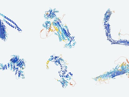 Protein structures predicted by the AlphaFold artificial intelligence system.