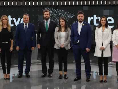 Desde la izquierda, Cayetana Álvarez de Toledo, Aitor Esteban, Iván Espinosa de los Monteros, Irene Montero, Gabriel Rufián, Inés Arrimadás y Adriana Lastra.