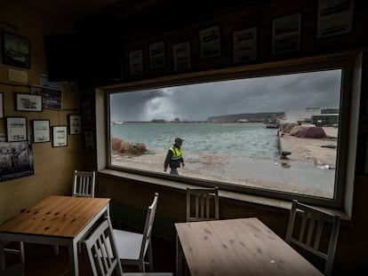 Interior de una taberna desde la que se puede observar la entrada al Puerto de Barbate, este sábado.