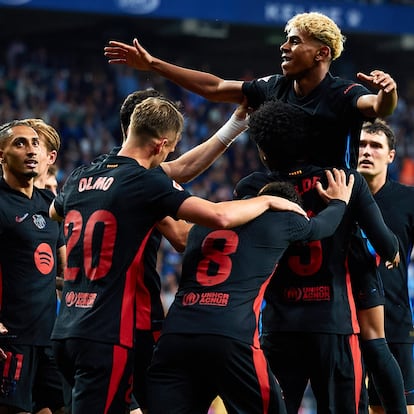 BARCELONA, SPAIN - MAY 15: Lamine Yamal of FC Barcelona celebrates after scoring their side's first goal during the LaLiga match between RCD Espanyol de Barcelona and FC Barcelona at RCDE Stadium on May 15, 2025 in Barcelona, Spain. (Photo by Omar Arnau/Quality Sport Images/Getty Images)