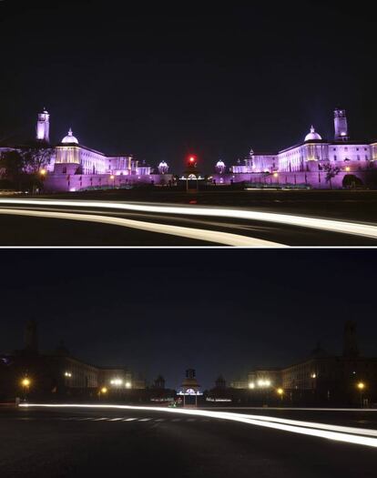 En estas dos fotos, edificios gubernamentales de India antes y durante la Hora del Planeta, en Nueva Delhi.