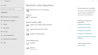 Opciones Bluetooth en Windows 10