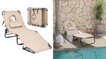 Folding sunbed for the beach, the pool or the campin with an opening to insert in the face.