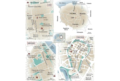 Mapas de Cracovia, Varsovia y Lodz, en Polonia.