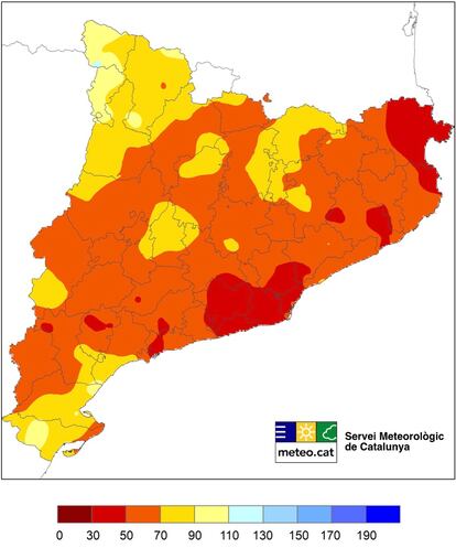 Porcentaje de precipitaciones con respecto a la media climática (1991-2020). Meteocat