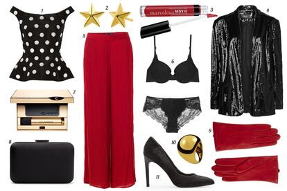 1. Óscar de la Renta Top con print de lunares con peplum. 2. Aristocrazy Pendientes de corazón de oro amarillo. 3. bareMinerals Lip gloss “Marvelous Moxie”. 4. Mango Blazer de paillettes. 5. Zara Pantalón de pata ancha. 6. Oysho Conjunto de lencería de encaje. 7. Clarins Sombra de ojos “Ombré Minérale”. 8. Asos Guantes de piel. 9. Zara Clutch rígido de satén. 10. Mango Stiletto de piel de potro. 11. Aristocrazy Sortija de bola de oro.
	 