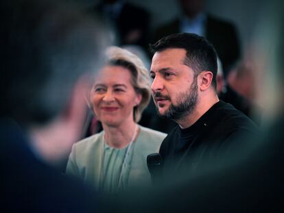 Ukraine's President Volodymyr Zelensky and European Commission President Ursula von der Leyen attending a meeting with business representatives during World Economic Forum in Davos.