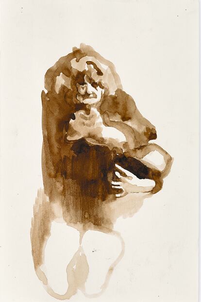 'Old Woman Breastfeeding' (2020), estudio preparatorio en tinta sobre papel.