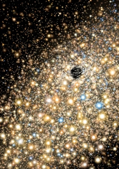 Ilustración de las estrellas en movimiento en la región central de una galaxia elíptica gigante que tiene en su centro un agujero negro supermasivo.