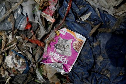 Muchos vertederos de la ciudad están cerca de su capacidad y las playas alrededor del archipiélago a menudo están llenas de basura. En la imagen, un envoltorio plástico de comida para gatos.