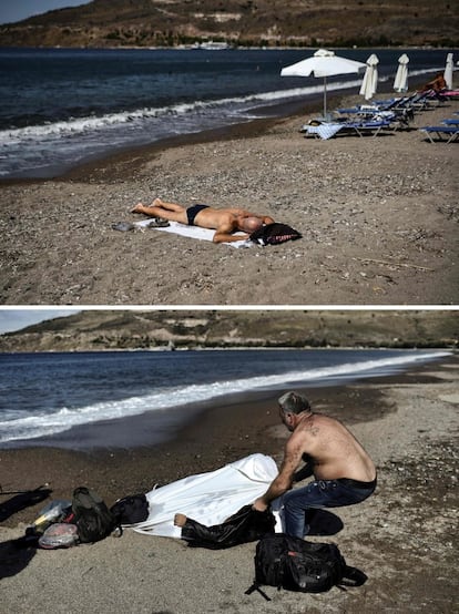 En la imagen superior, un hombre toma el sol en una playa en el pueblo de Petra en la isla de Lesbos (Grecia), el 3 de agosto de 2018. En la imagen inferior, el cuerpo de un hombre ahogado fue encontrado en el mismo lugar, el 30 de octubre de 2015.