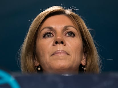 Dolores de Cospedal, durante una comparecencia en la sede del PP en Madrid en 2018.