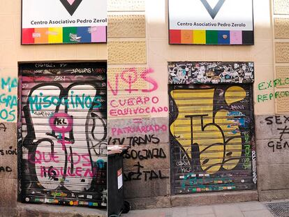 Pintadas en la fachada de la sede del COGAM, en Madrid.