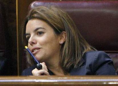 Soraya Sáenz de Santamaría, durante la comparecencia extraordinaria de Jose Luis Rodríguez Zapatero en el Congreso.