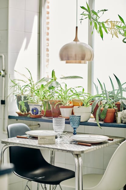 En la cocina hay una mesa para dos. En la ventana, un pequeño huerto con plantas de aguacate y níspero. 