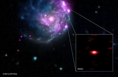 Imagen de la galaxia NGC 2276 que combina observaciones en el espectro visible y rayos X. El agujero negro hallado recientemente aparece como una brillante fuente de rayos X en la esquina superior derecha. En el interior del recuadro inferior se revela su emisi&oacute;n en ondas de radio. 