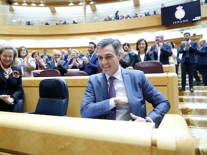 El presidente del Gobierno, Pedro Sánchez, y la vicepresidenta Nadia Calviño, en el pleno del Senado, este martes en Madrid.