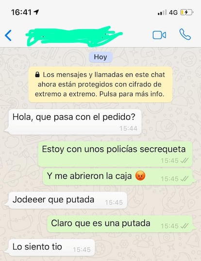 Conversación de un repartidor de Glovo y una clienta cuyo pedido tenía droga.