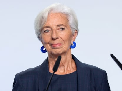 The president of the ECB, Christine Lagarde, during the press conference at the last Governing Council meeting in Athens.