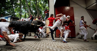 Con un toro negro liderando la manada, la ganadería del exmatador Joselito ha atravesado la plaza del Ayuntamiento y la calle Mercaderes sin incidentes hasta llegar a la curva de la calle Estafeta, en la que un astado castaño ha resbalado y caído al suelo, lo que ha provocado que alguno de sus hermanos chocara con él sin llegar a romper el grupo.