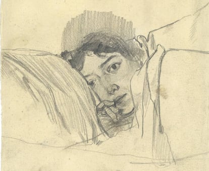 Clotilde, esposa de Sorolla, en el lecho, en un dibujo de 1888.