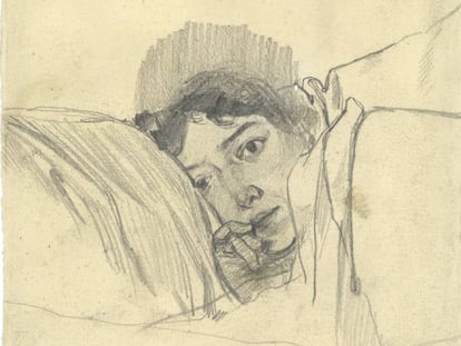 Clotilde, esposa de Sorolla, en el lecho, en un dibujo de 1888.