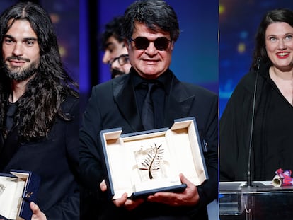 Los directores Oliver Laxe, Jafar Panahi y Mascha Schilinski recogiendo el galardón en la ceremonia del clausura del Festival de Cannes 2025,