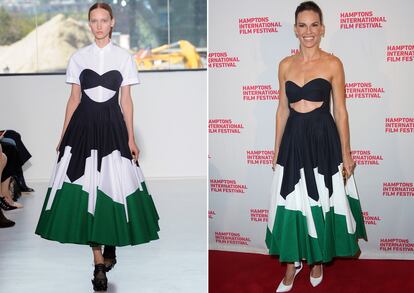 Por sus volúmenes, formas y combinaciones suele ser frecuente que las celebrities adapten a su estilo los diseños de Font en las alfombras rojas. Es el caso de Hilary Swank, que prefirió llevar este vestido cut out de la colección primavera-verano 2015 sin la camisa, dándole una apariencia más sensual y atrevida.