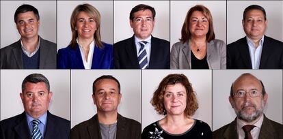 Filas superior: Carlos Rojas (PP), Teresa Ruiz Sillero (PP), Rafael Carmona (PP), Antonia Moro (PSOE), y Enrique Benítez (PSOE). Fila inferior: Jesús María Ruiz (PSOE), José Antonio Castro (IU), Alba Doblas (IU) e Ignacio García (IU).